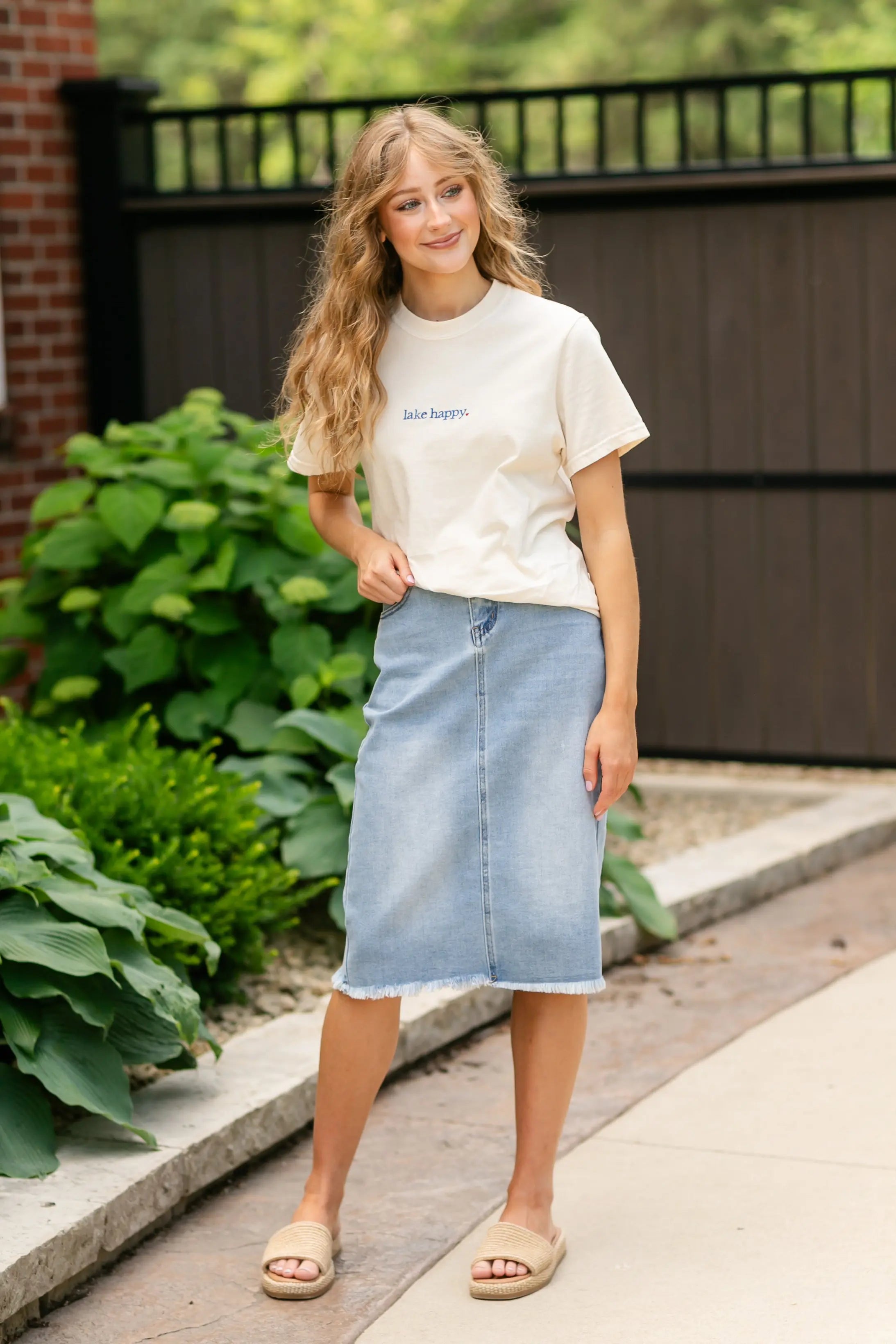 Drew Raw Hem Midi Denim Skirt Inherit Co.
