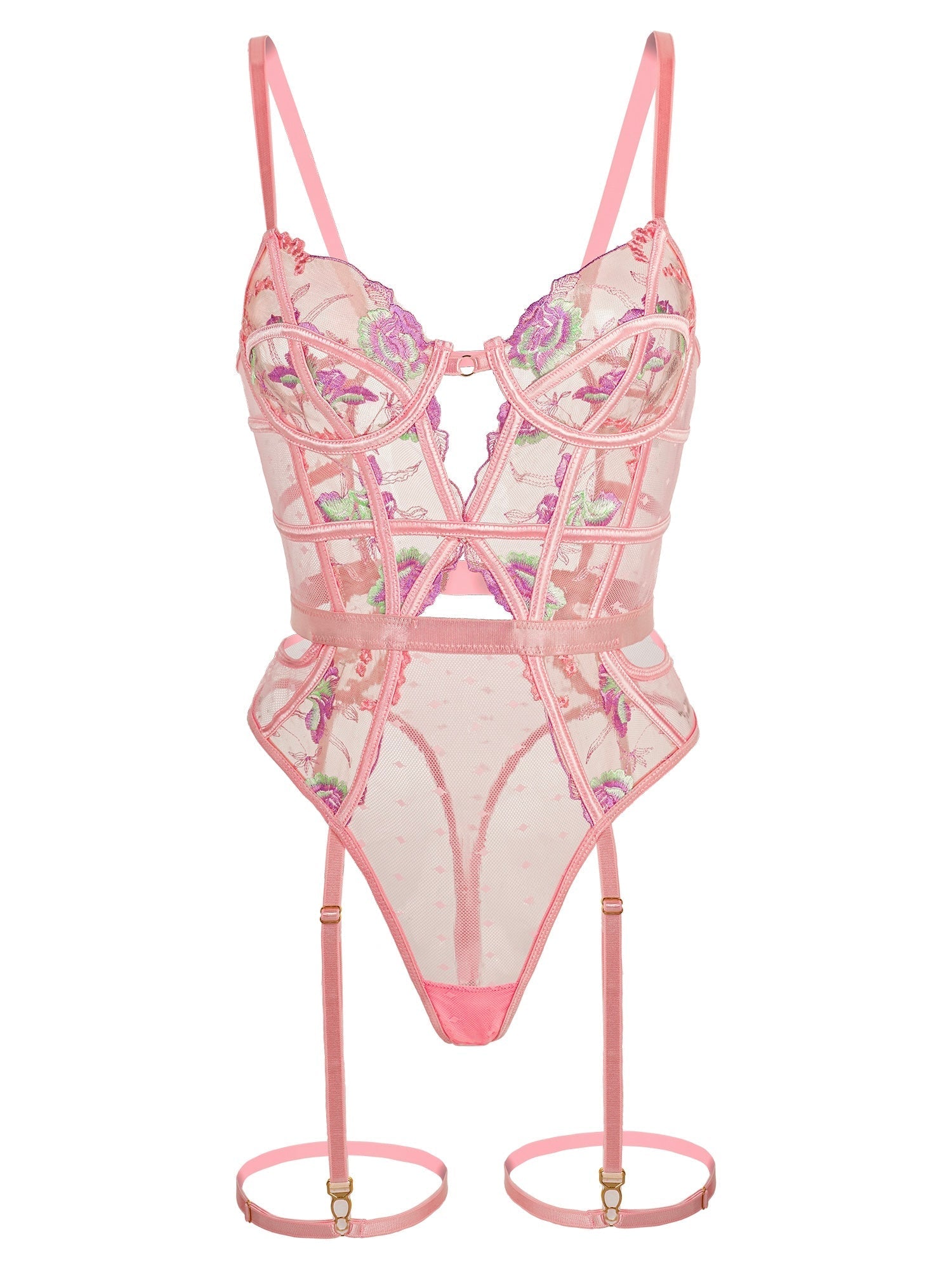 Pink Floral Embroidered Lace Mesh Bodysuit Lingerie Hello.LA.Girl