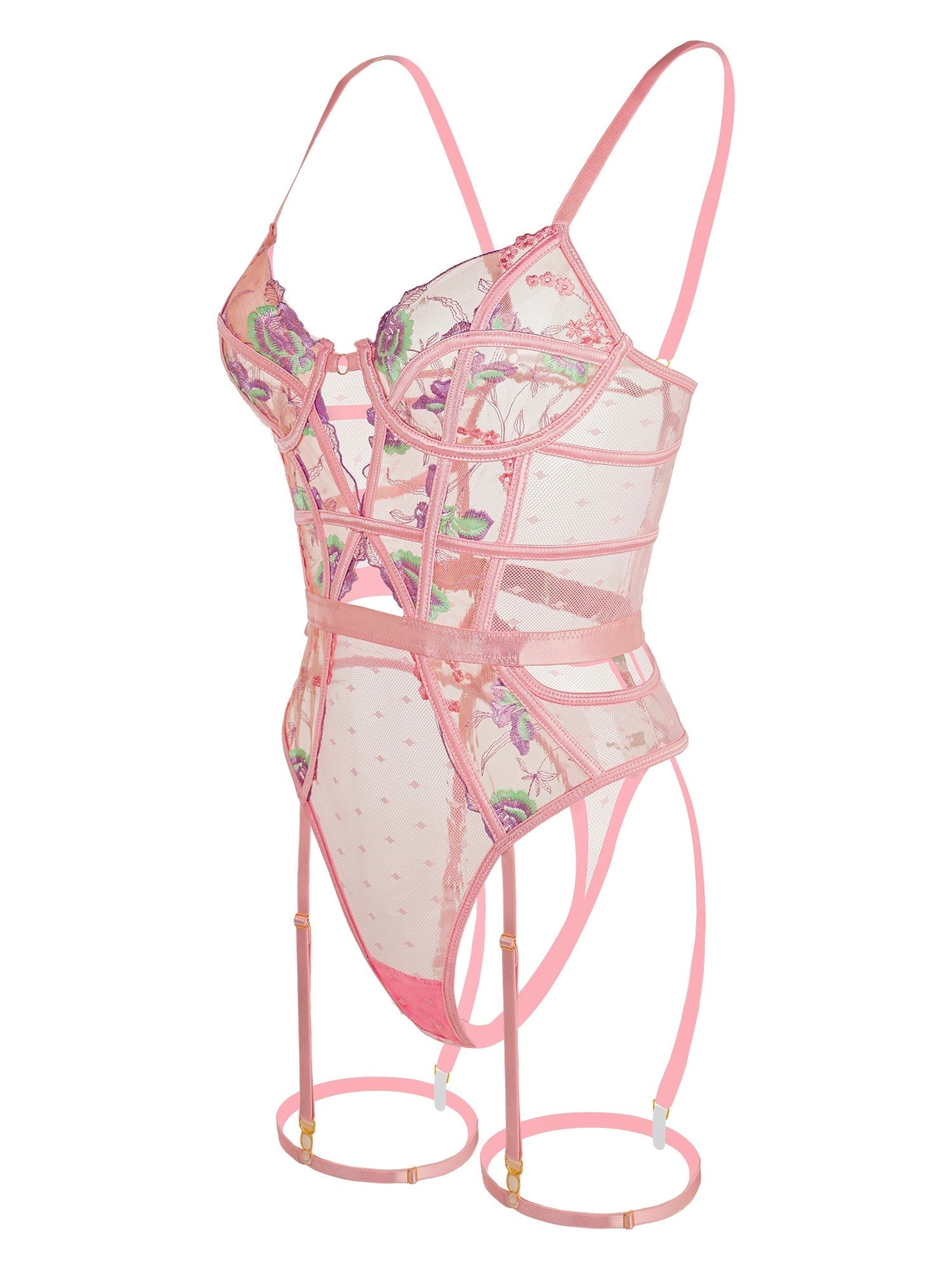 Pink Floral Embroidered Lace Mesh Bodysuit Lingerie Hello.LA.Girl