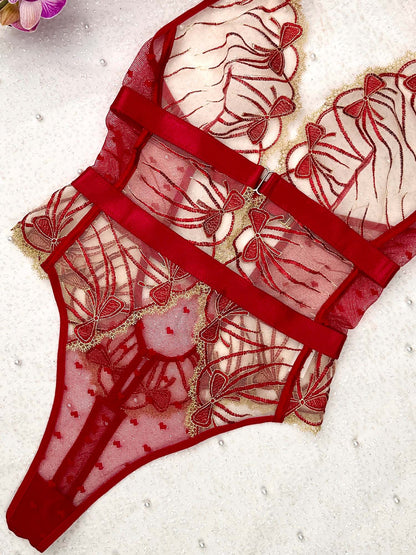 Festive Burgundy Bow Lace Bodysuit for Christmas Parties