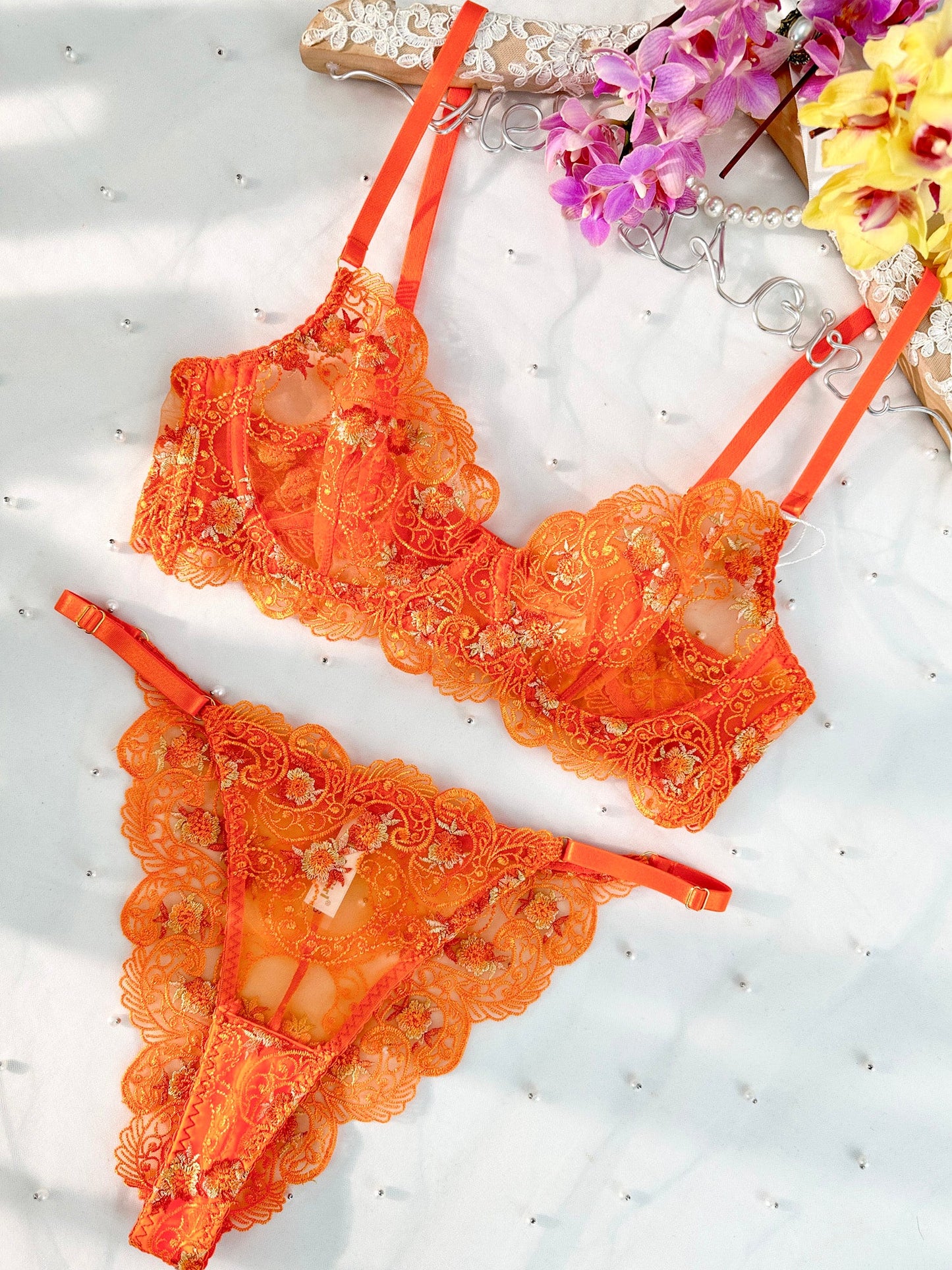 Orange Floral Embroidery Lingerie Set for Elegant Nights