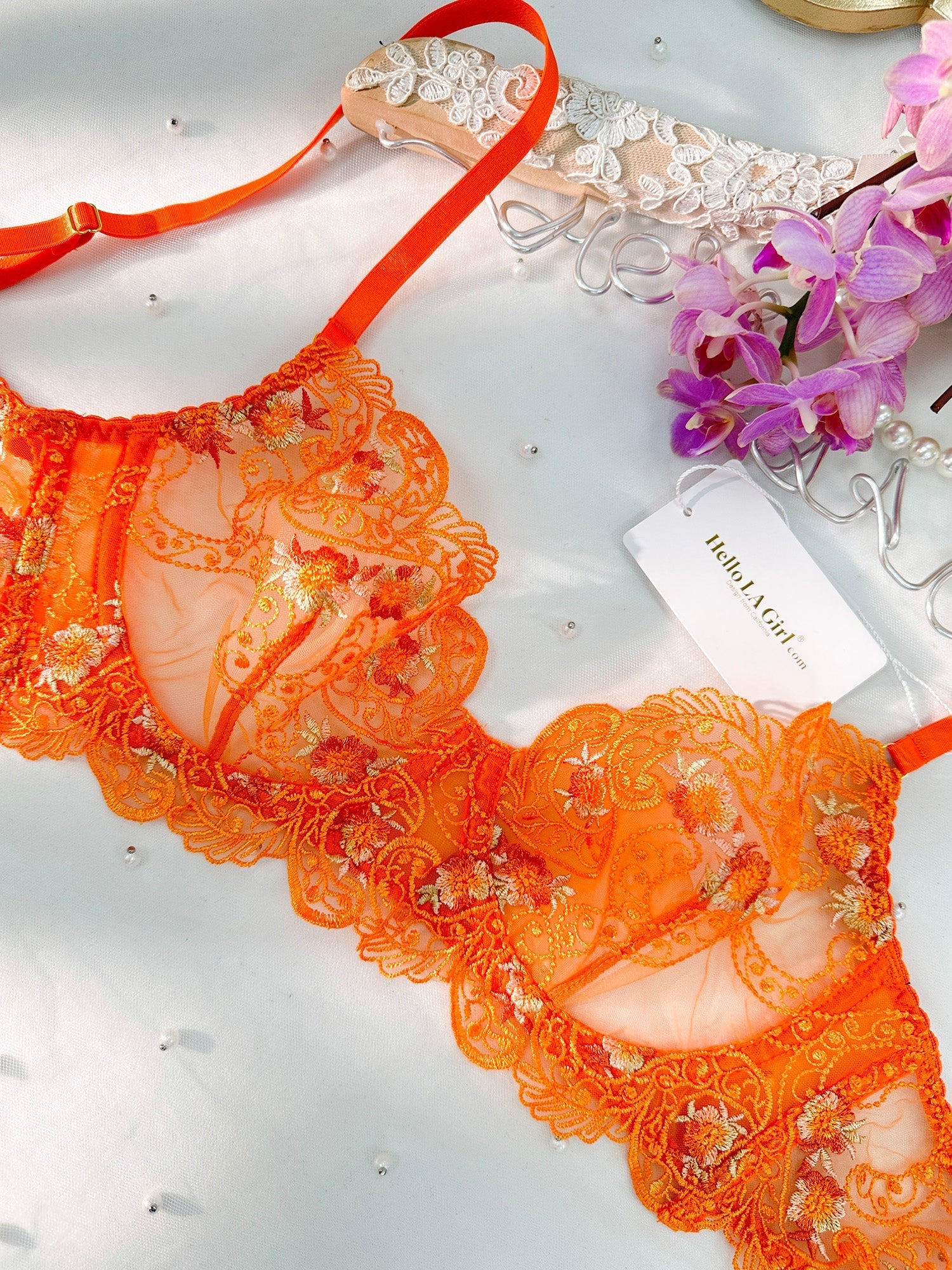 Orange Floral Embroidered Lingerie Set for Women Collection Hello.LA.Girl