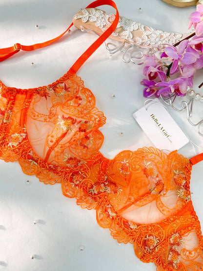 Orange Floral Embroidery Lingerie Set for Elegant Nights