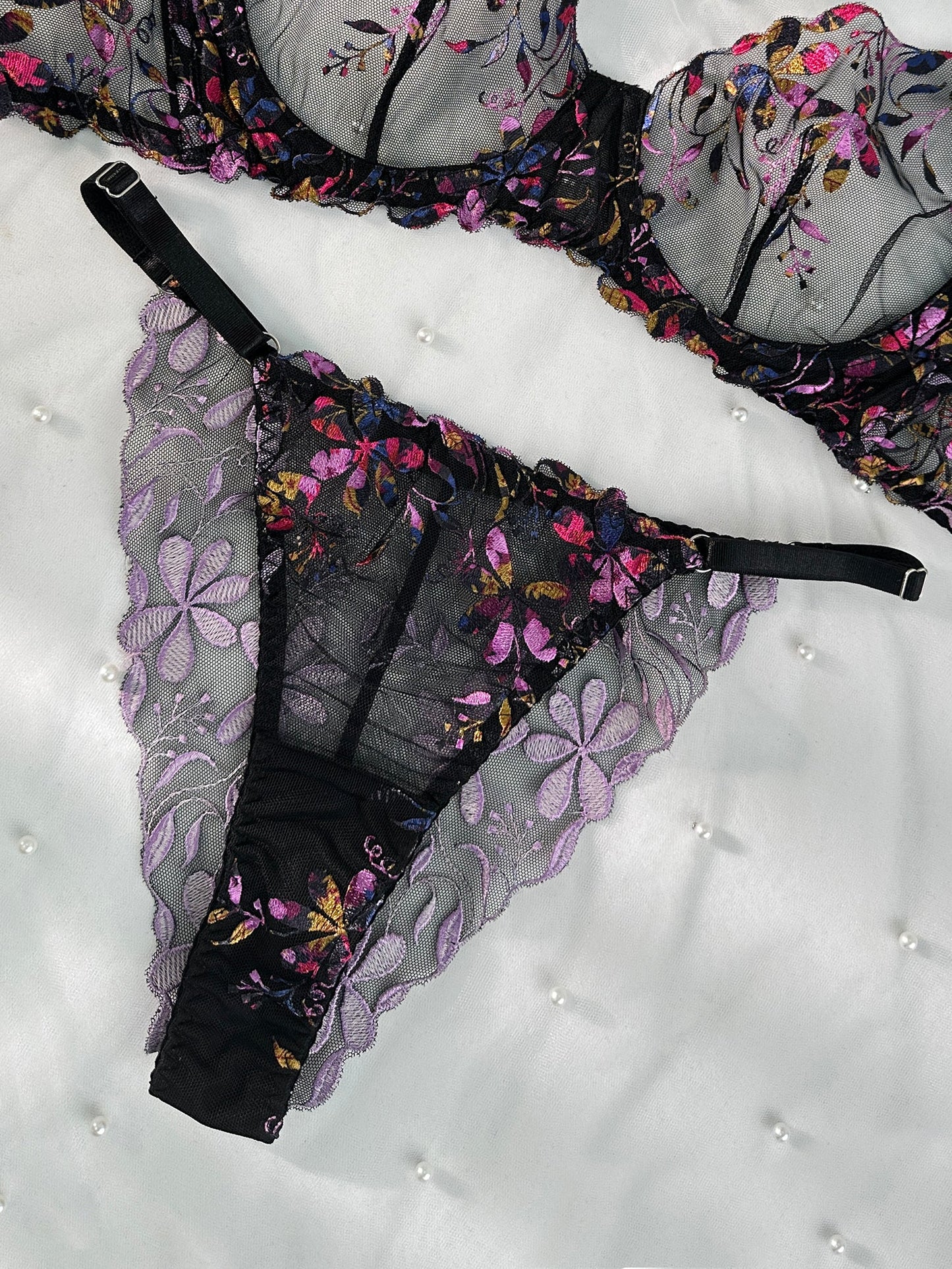 Midnight Blossom Lace Embroidered Lingerie Set