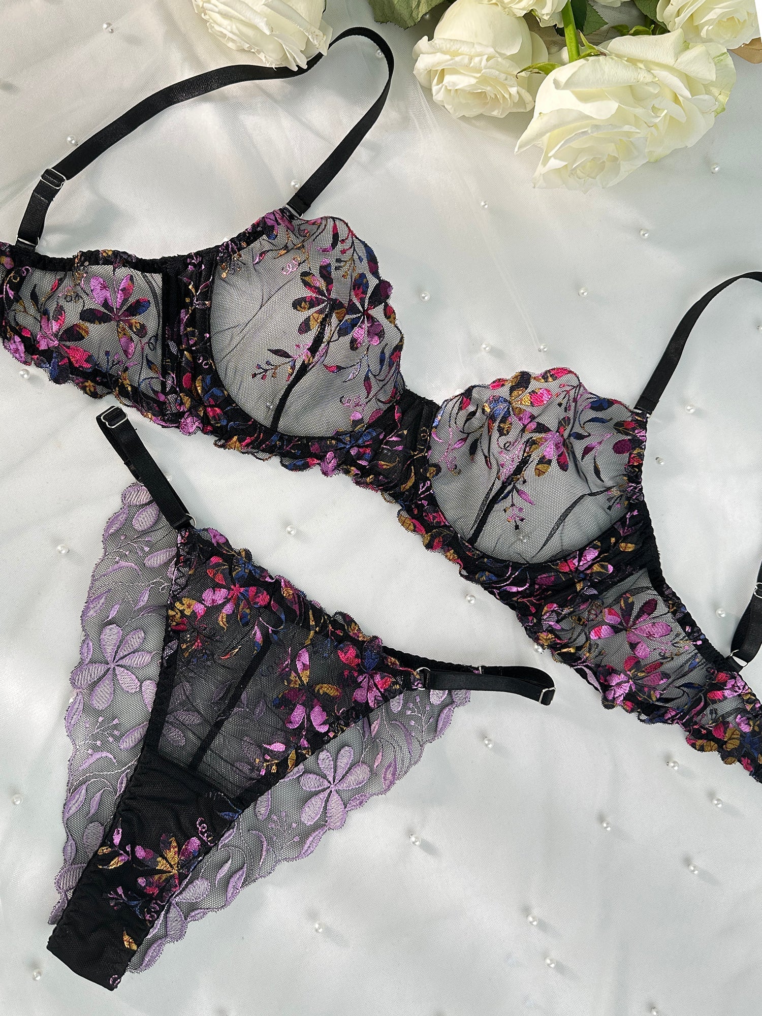 Midnight Blossom Lace Embroidered Lingerie Set Elegant Hello.LA.Girl