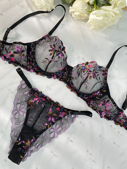 Midnight Blossom Lace Embroidered Lingerie Set For Elegance