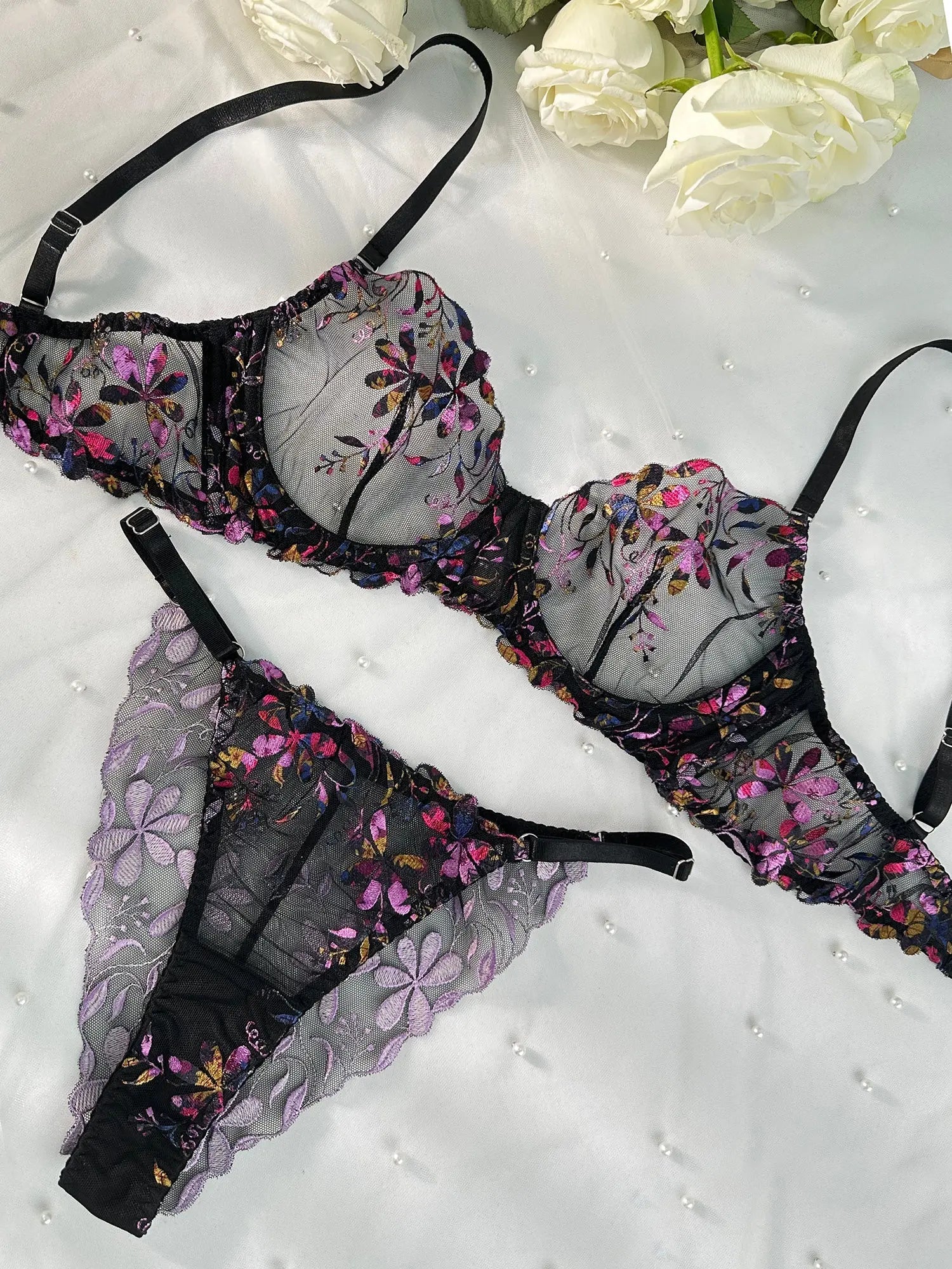 Midnight Blossom Lace Embroidered Lingerie Set Hello.LA.Girl