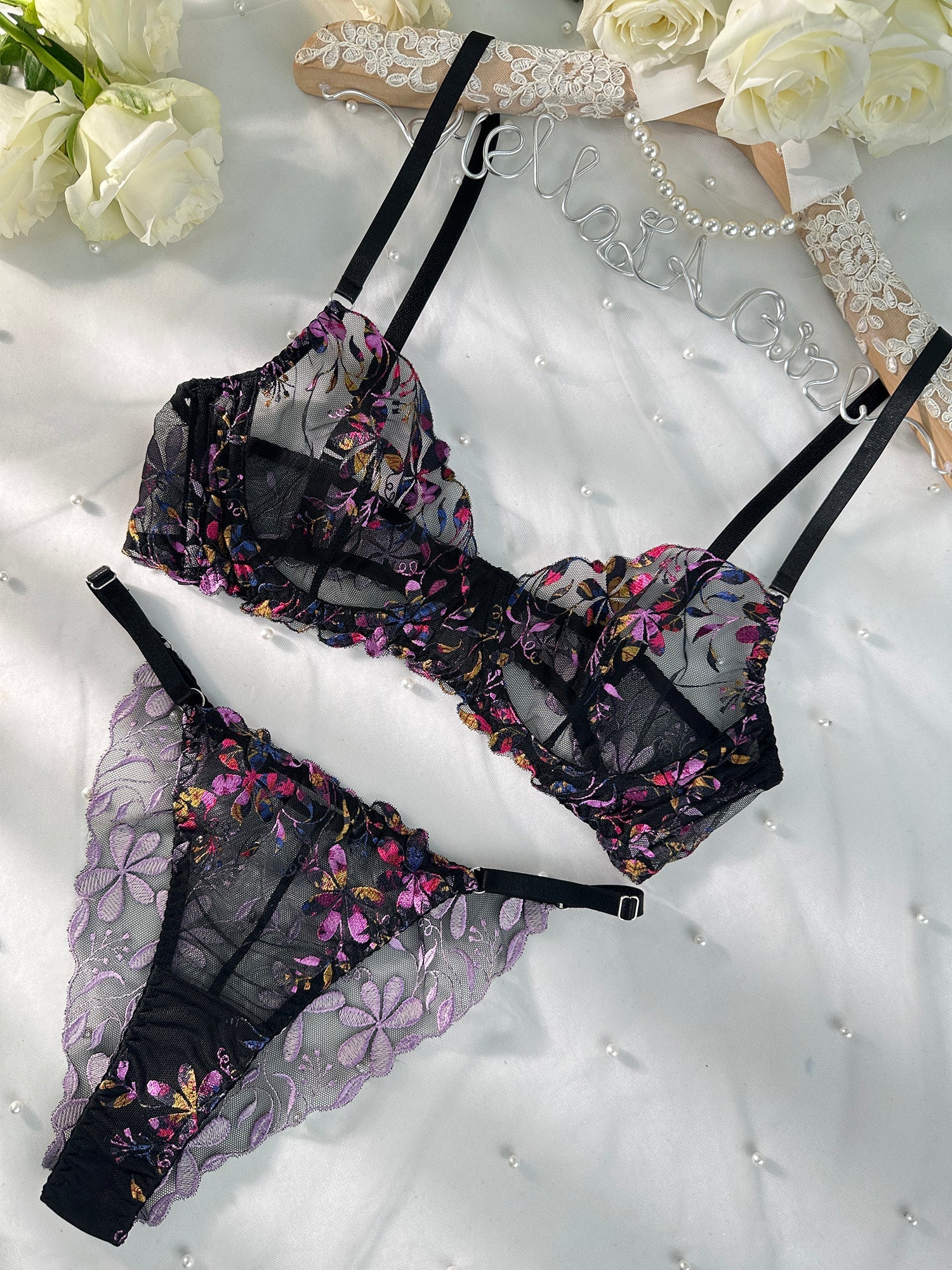 Midnight Blossom Lace Embroidered Lingerie Set Elegant Hello.LA.Girl