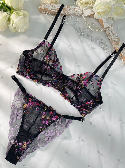 Midnight Blossom Lace Embroidered Lingerie Set For Elegance