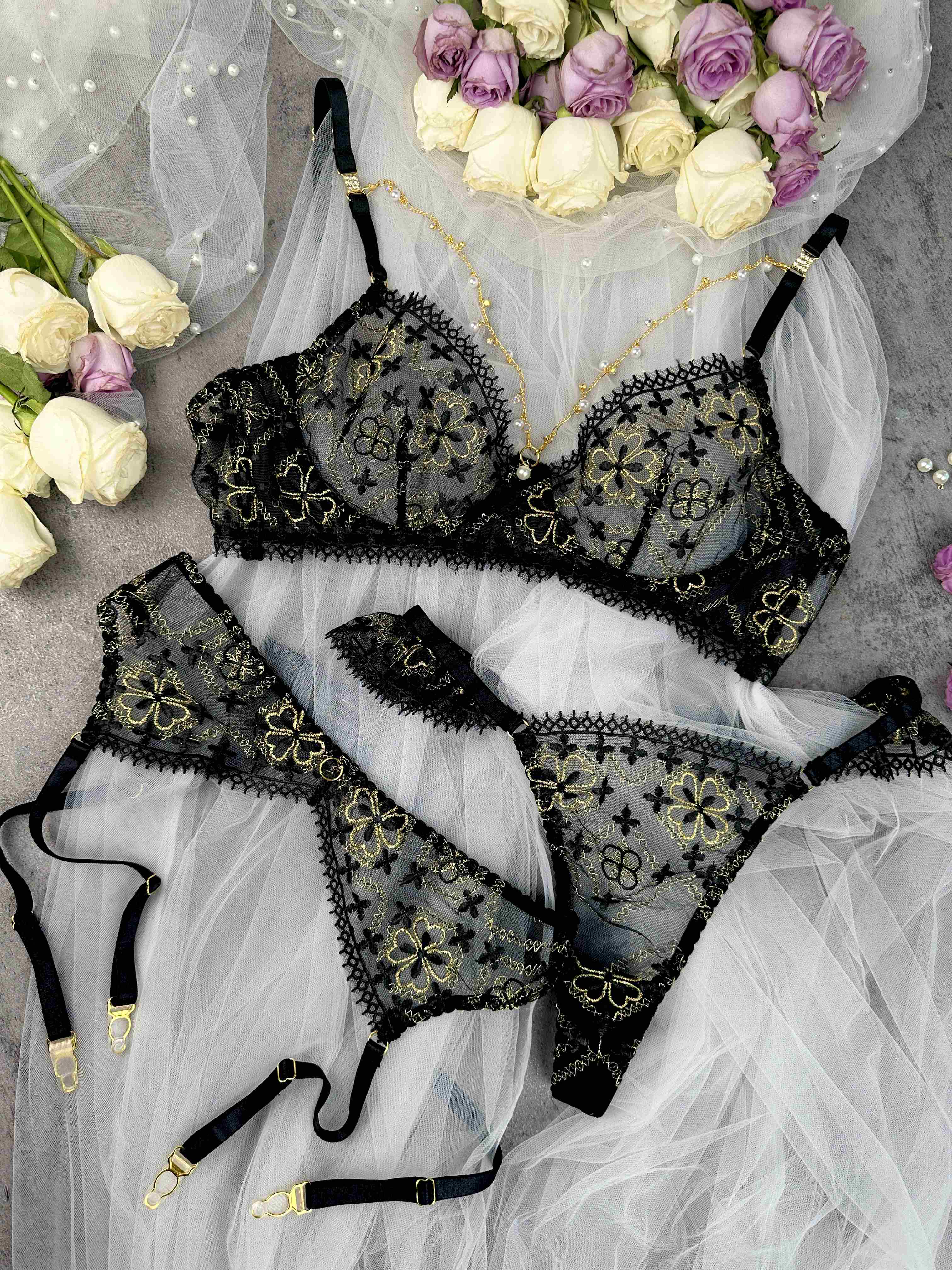 Vanessa Golden Clover Lingerie Set With Black Lace And Gold Floral Embroidery Hello.LA.Girl