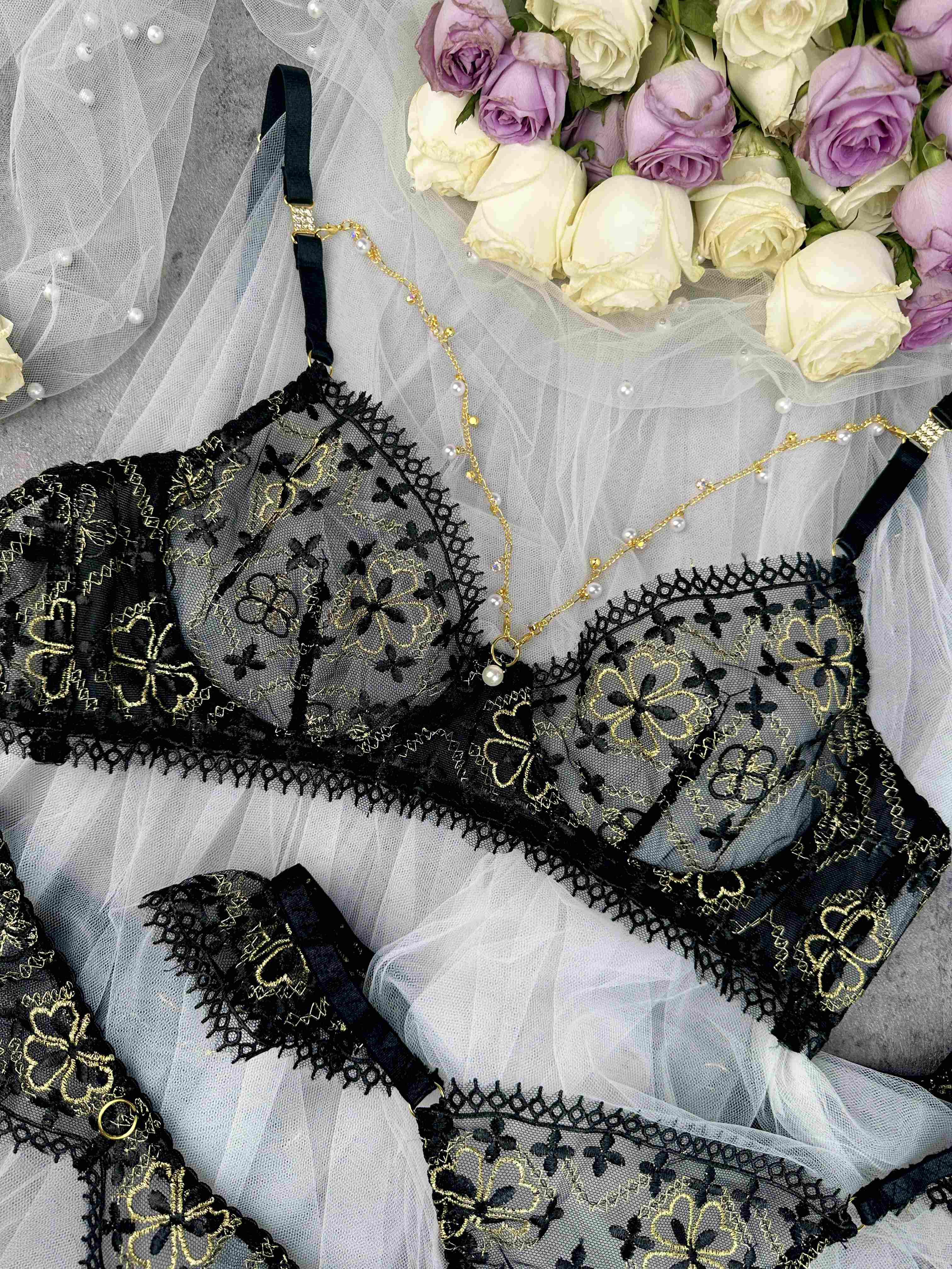 Vanessa Golden Clover Lingerie Set With Black Lace And Gold Floral Embroidery Hello.LA.Girl