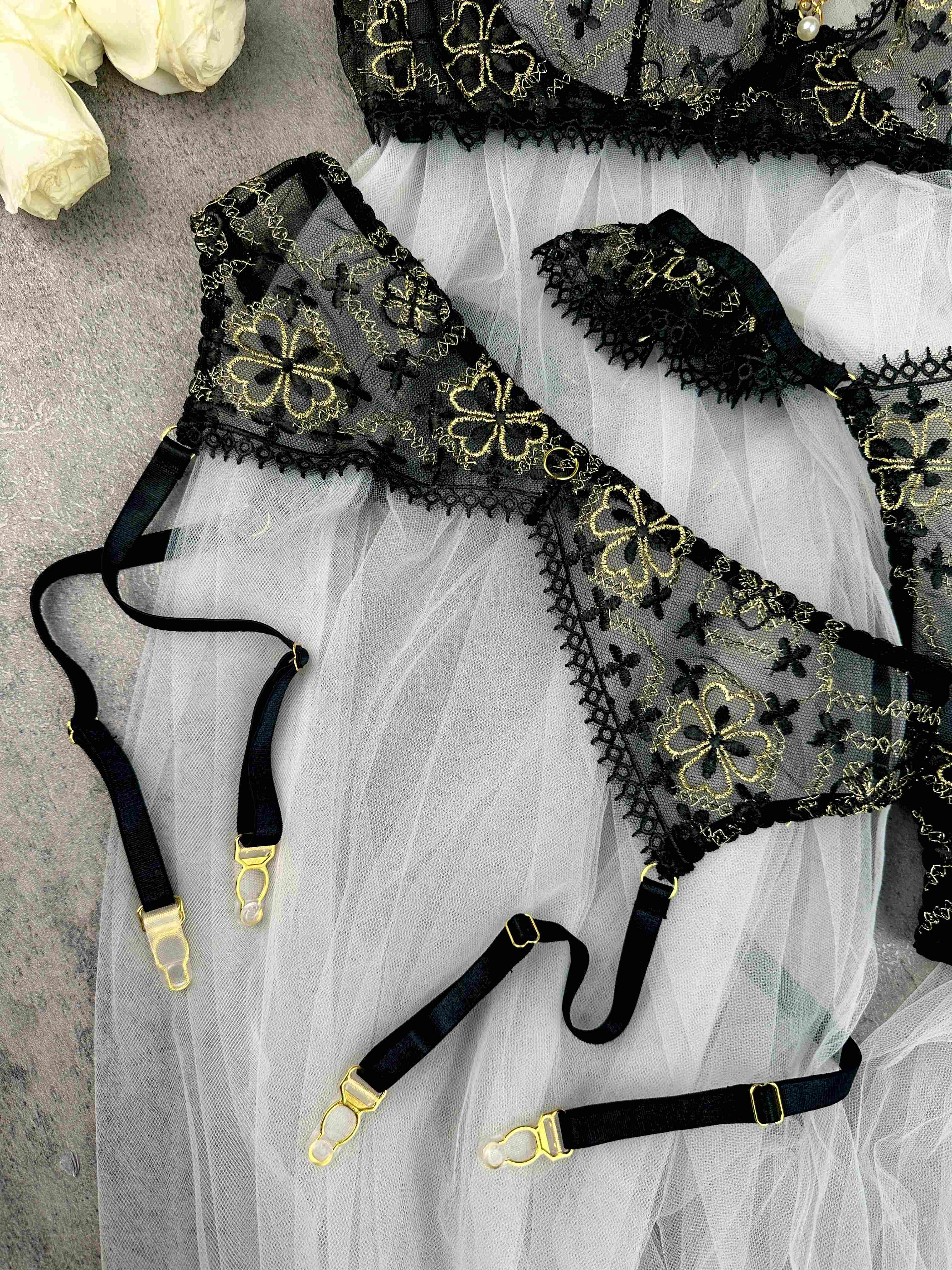 Vanessa Golden Clover Lingerie Set With Black Lace And Gold Floral Embroidery Hello.LA.Girl