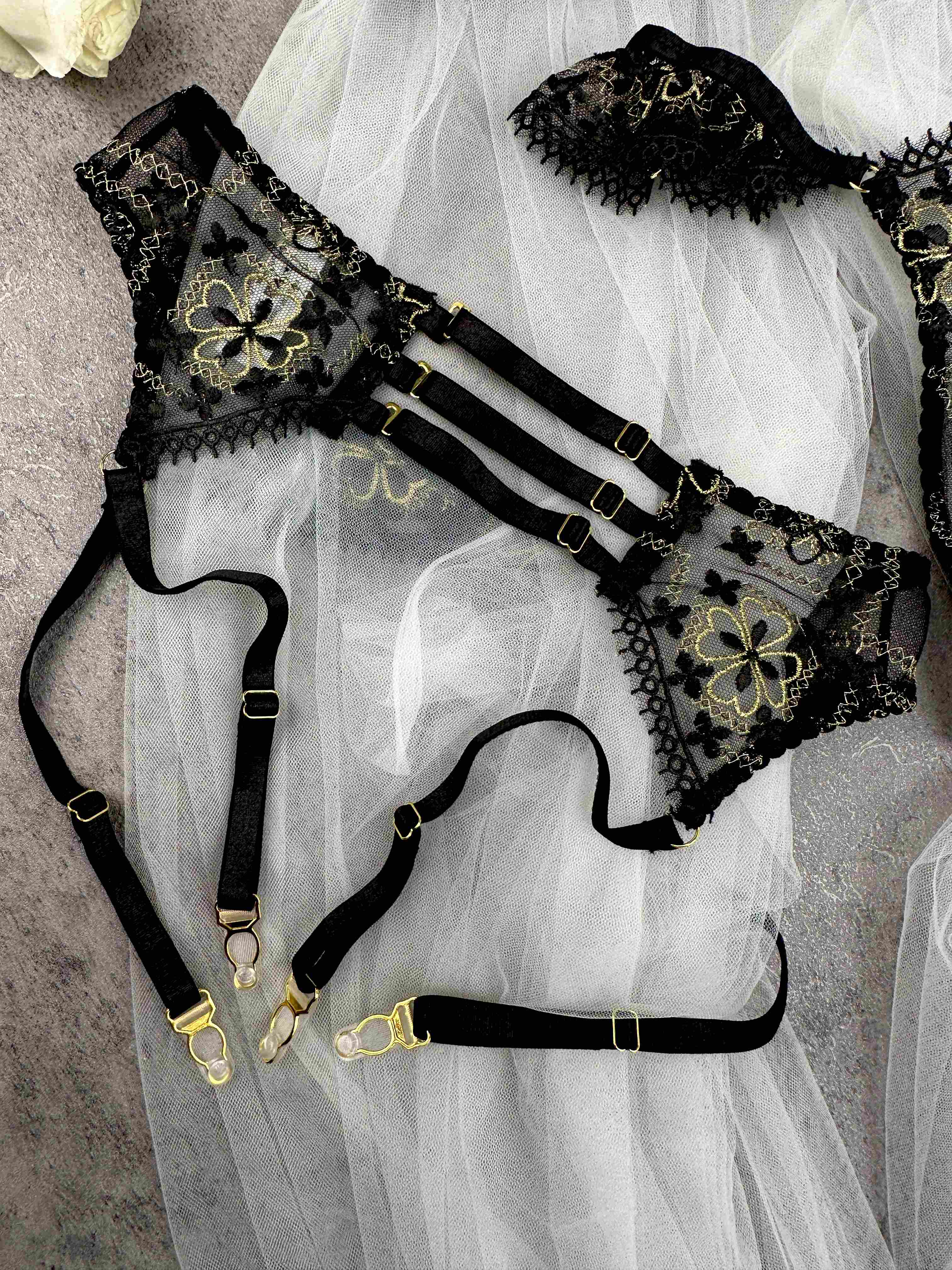 Vanessa Golden Clover Lingerie Set With Black Lace And Gold Floral Embroidery Hello.LA.Girl