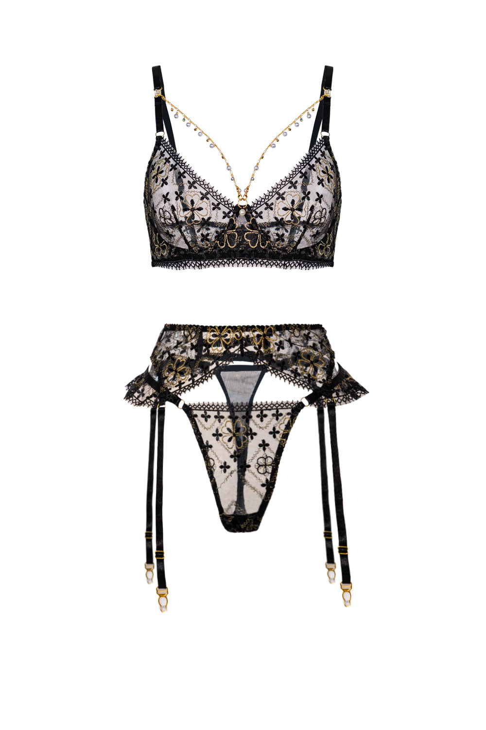Vanessa Golden Clover Lingerie Set With Black Lace And Gold Floral Embroidery Hello.LA.Girl
