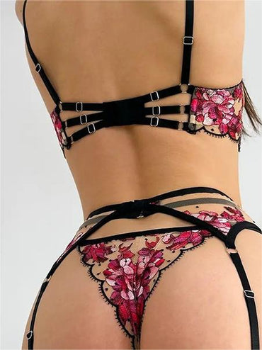 Floral Sheer Lace Lingerie Set with Garter Belt and Thong