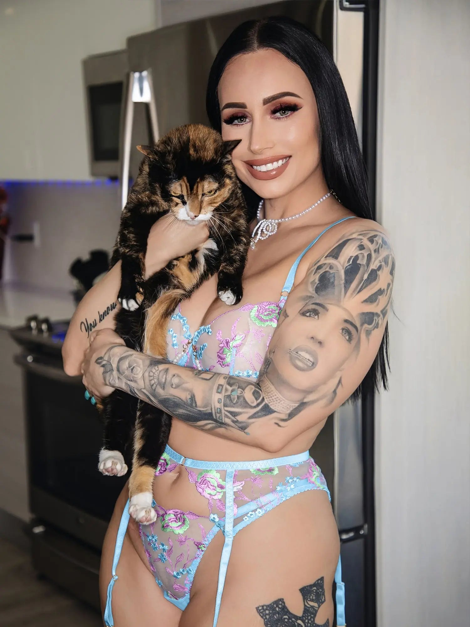 Blue Floral Embroidery Pearl Chain Lingerie Set Hello.LA.Girl