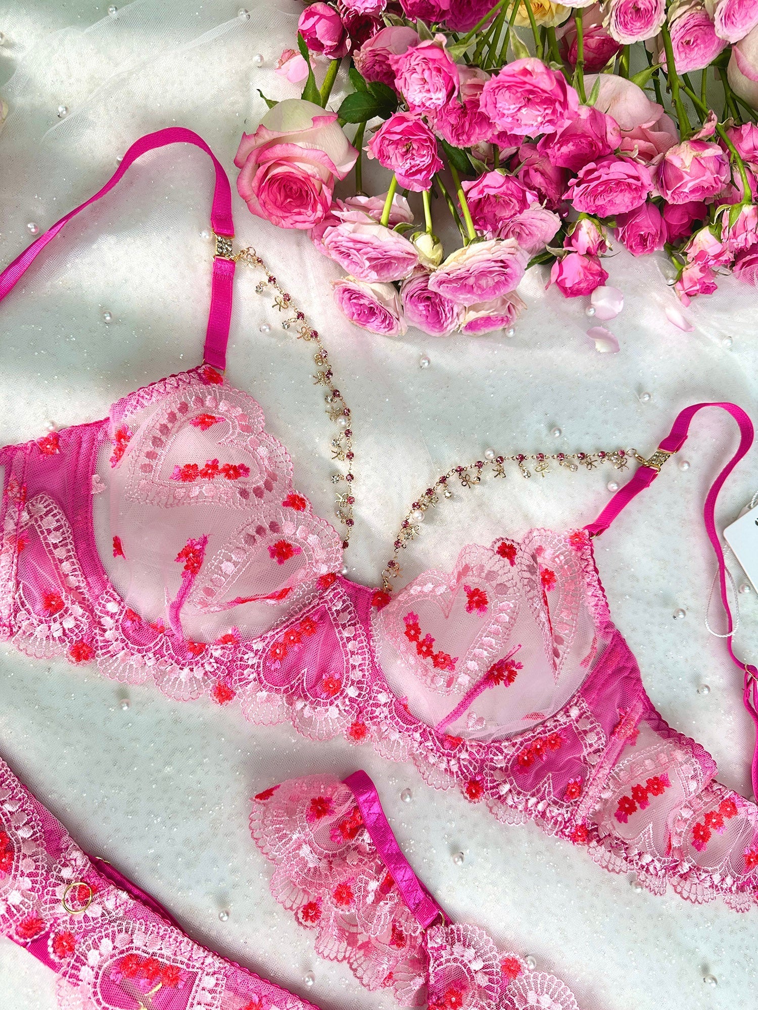 Gabrielle Love Chain Lingerie Set With Soft Pink Embroidery Hello.LA.Girl