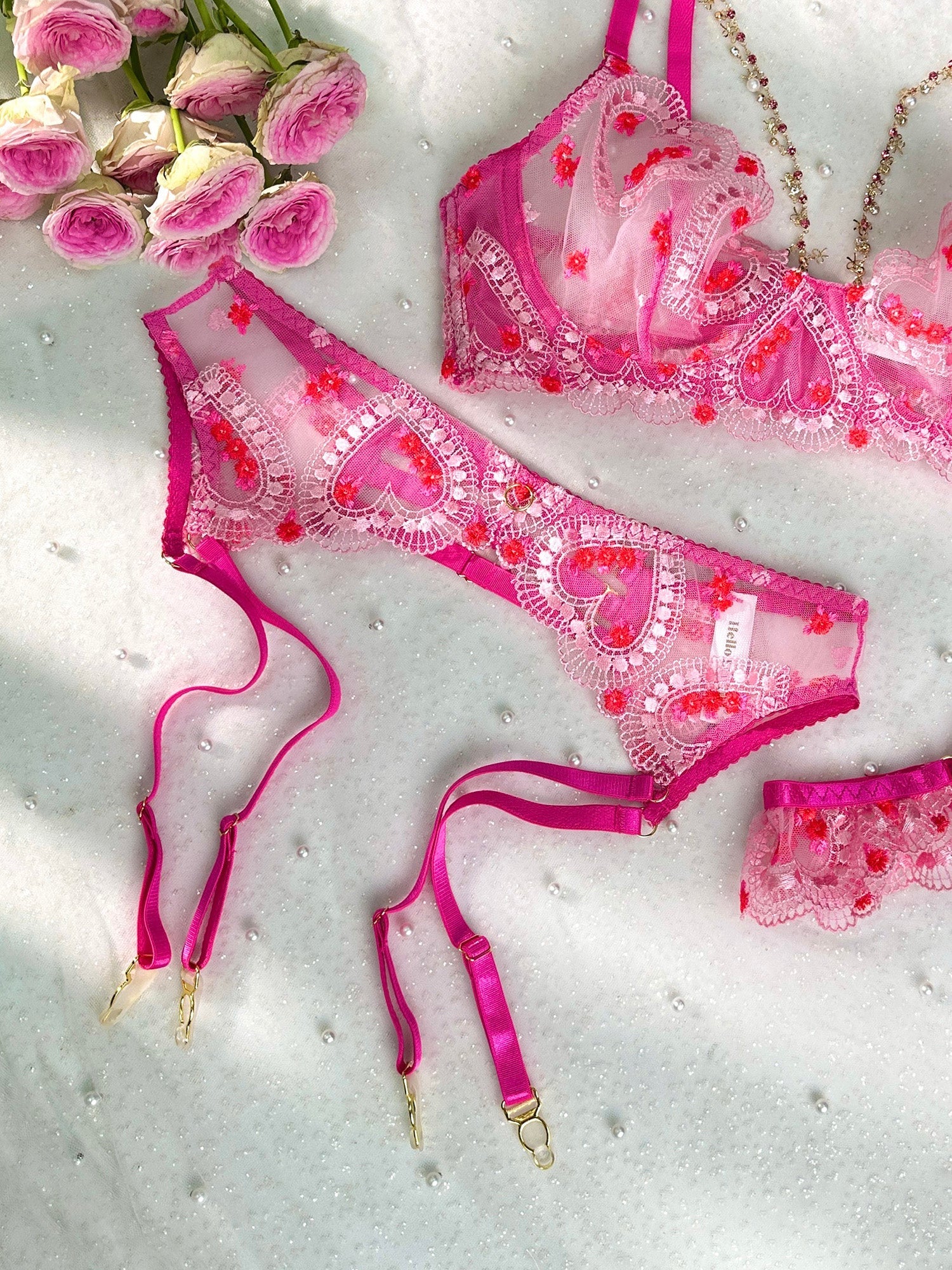 Gabrielle Love Chain Lingerie Set With Soft Pink Embroidery Hello.LA.Girl