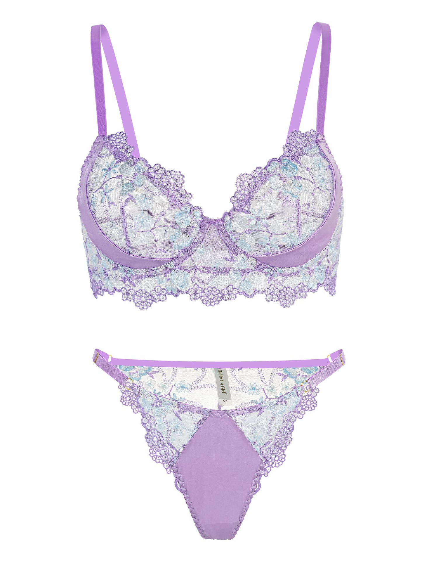 Lavender Floral Embroidered Satin Push-up Lingerie Set