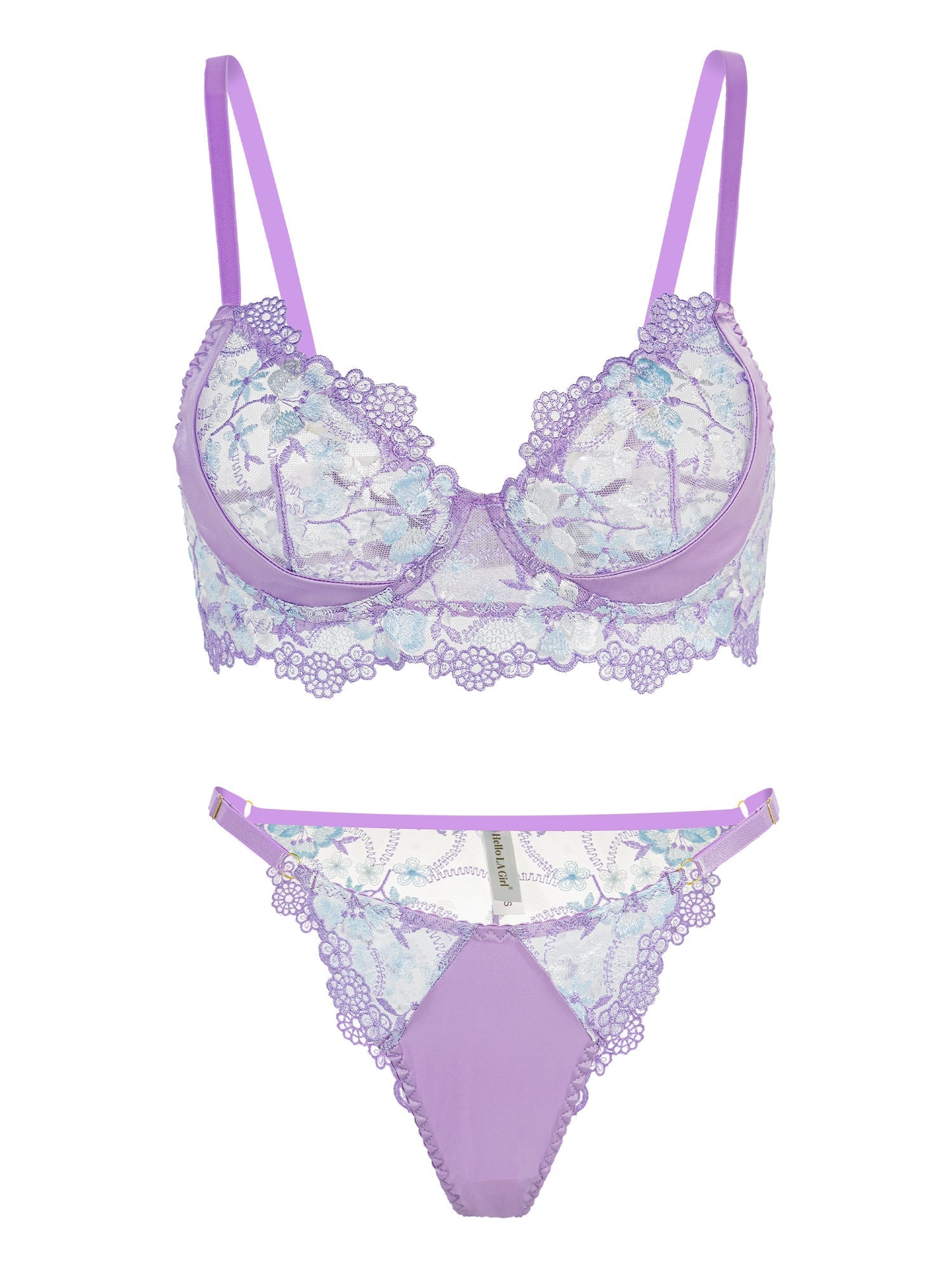 Lavender Floral Embroidered Satin Push Up Lingerie Set Hello.LA.Girl