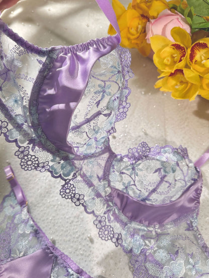 Lavender Floral Embroidered Satin Push-up Lingerie Set