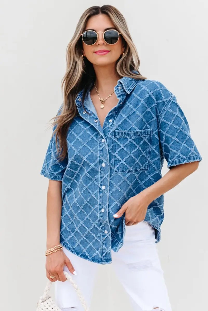 Dusk Blue Checkered Textured Short Sleeve Denim Shirt - Love Salve 