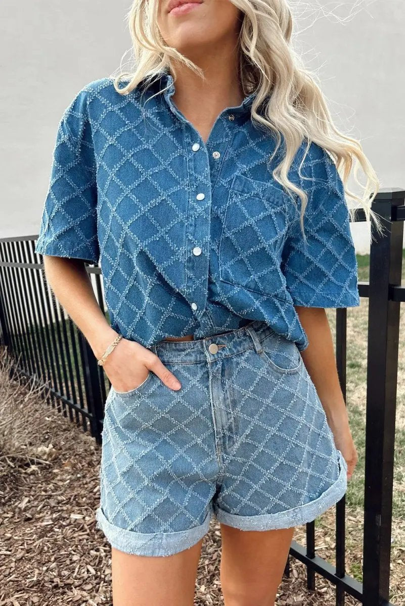 Dusk Blue Checkered Textured Short Sleeve Denim Shirt - Love Salve 
