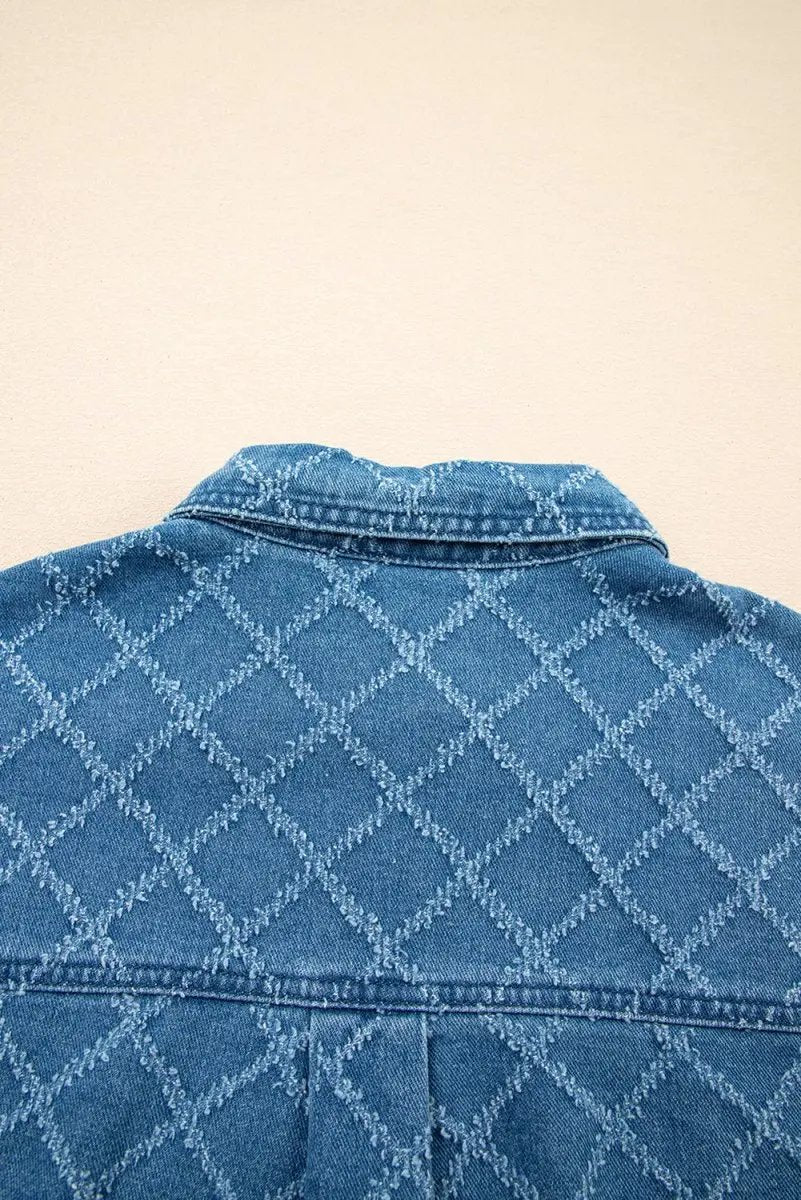 Dusk Blue Checkered Textured Short Sleeve Denim Shirt - Love Salve 