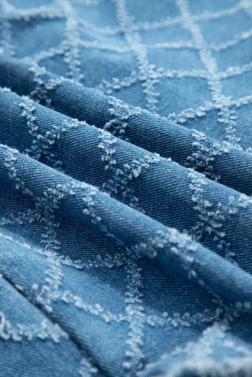 Dusk Blue Checkered Textured Short Sleeve Denim Shirt - Love Salve 