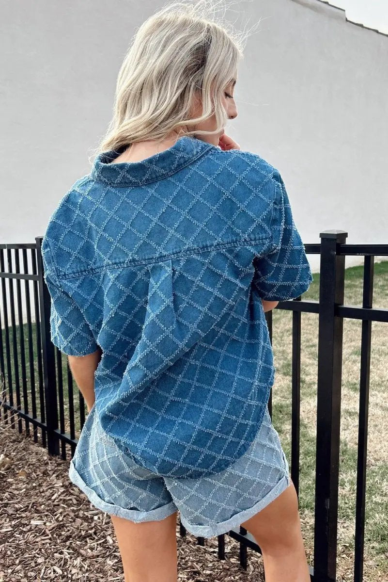 Dusk Blue Checkered Textured Short Sleeve Denim Shirt - Love Salve 