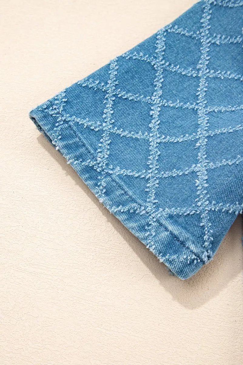 Dusk Blue Checkered Textured Short Sleeve Denim Shirt - Love Salve 