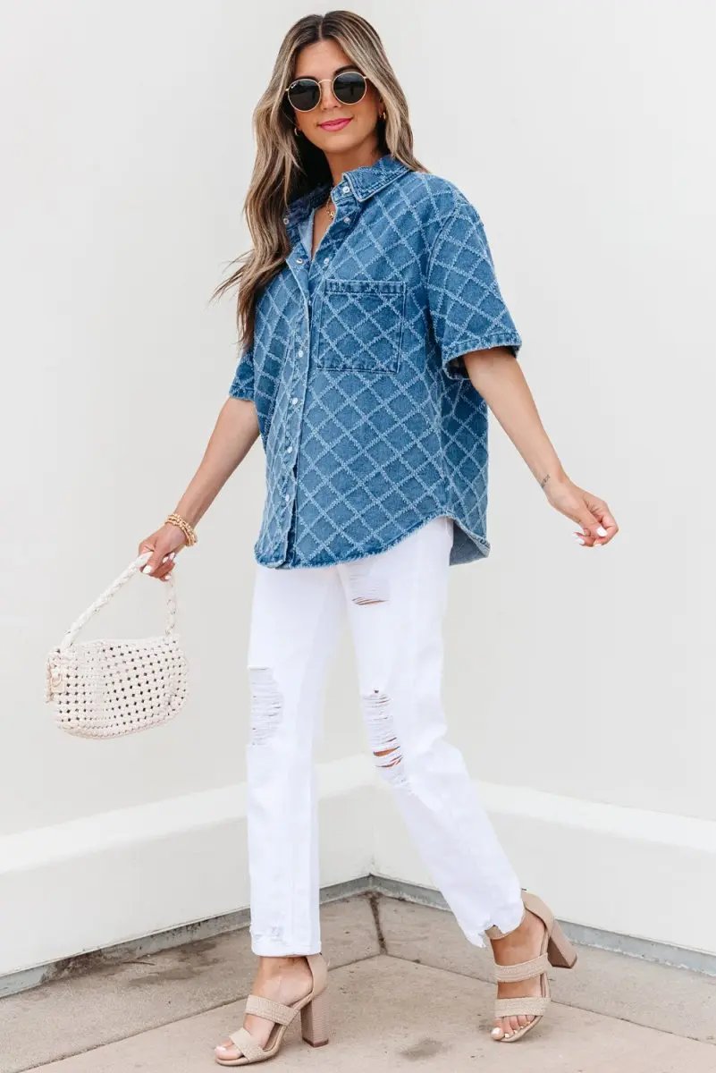 Dusk Blue Checkered Textured Short Sleeve Denim Shirt - Love Salve 