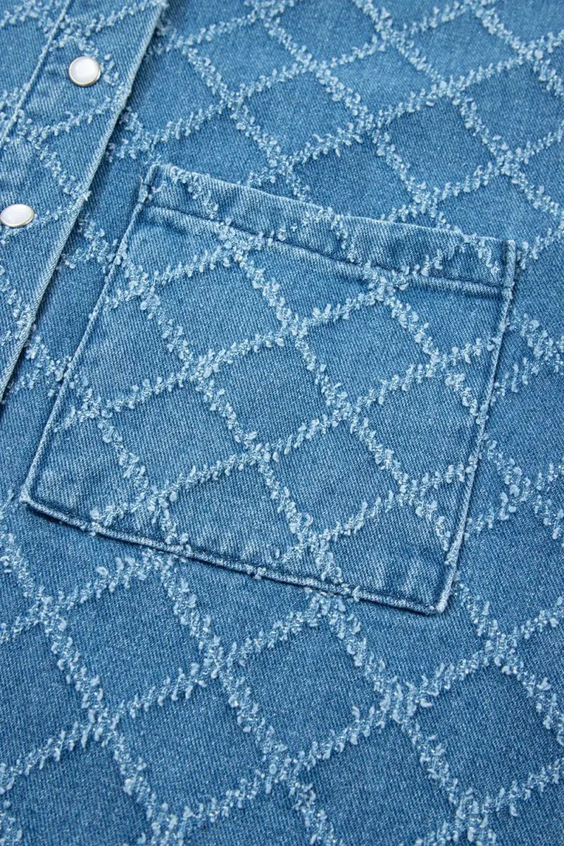 Dusk Blue Checkered Textured Short Sleeve Denim Shirt - Love Salve 