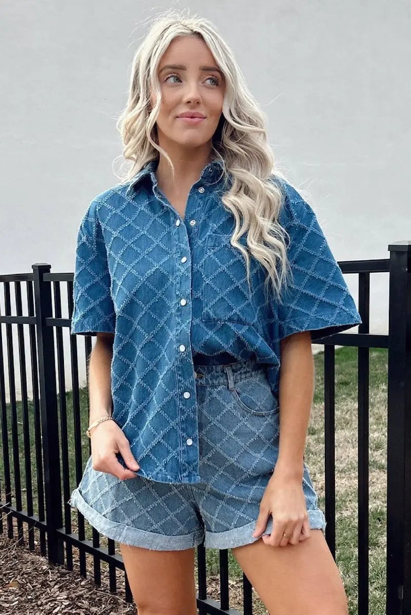 Dusk Blue Checkered Textured Short Sleeve Denim Shirt - Love Salve 