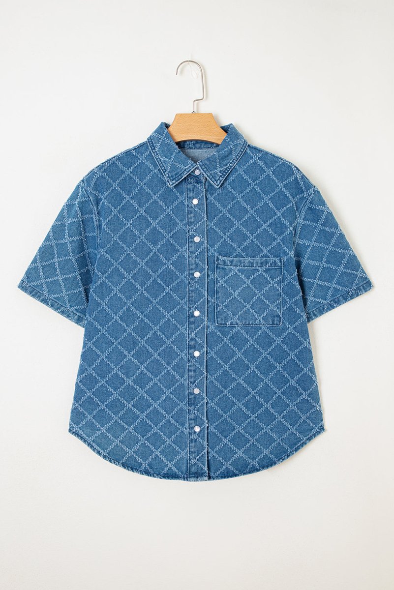 Dusk Blue Checkered Textured Short Sleeve Denim Shirt - Love Salve 