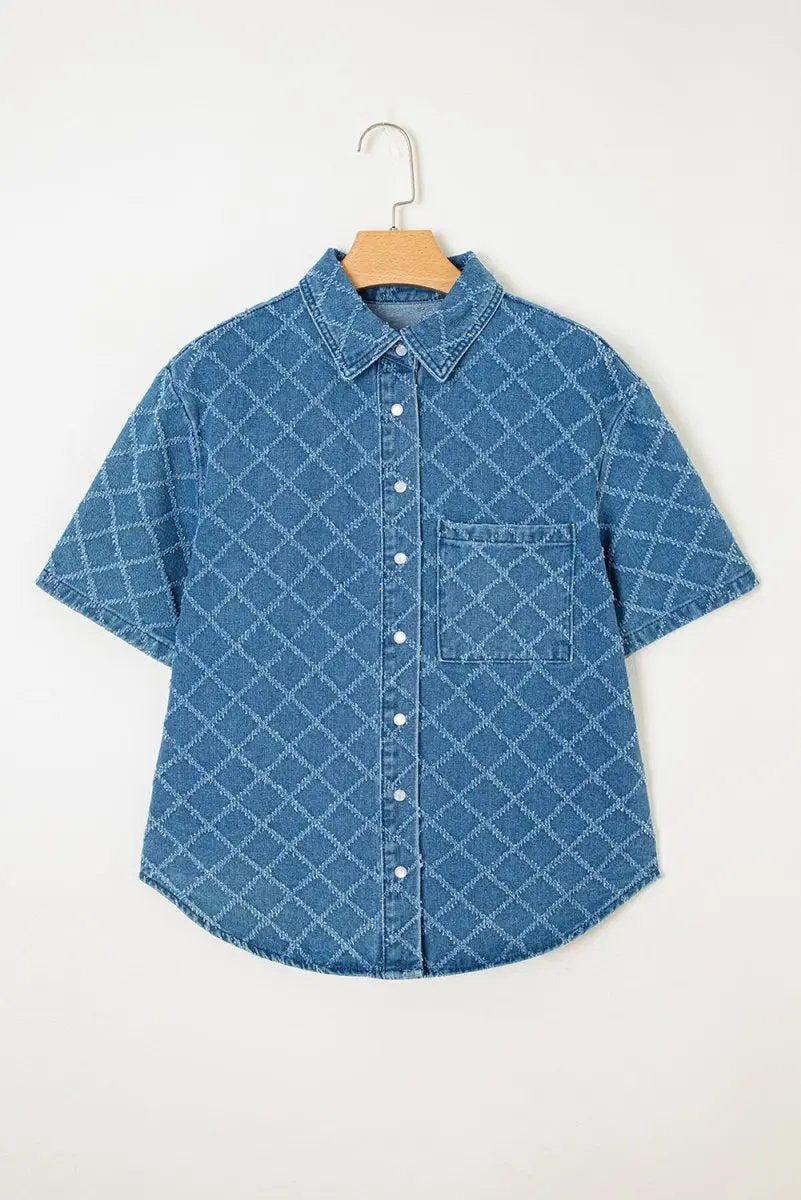 Dusk Blue Checkered Textured Short Sleeve Denim Shirt - Love Salve 