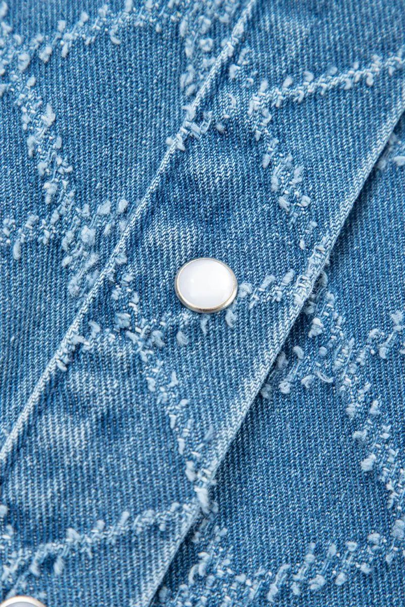 Dusk Blue Checkered Textured Short Sleeve Denim Shirt - Love Salve 