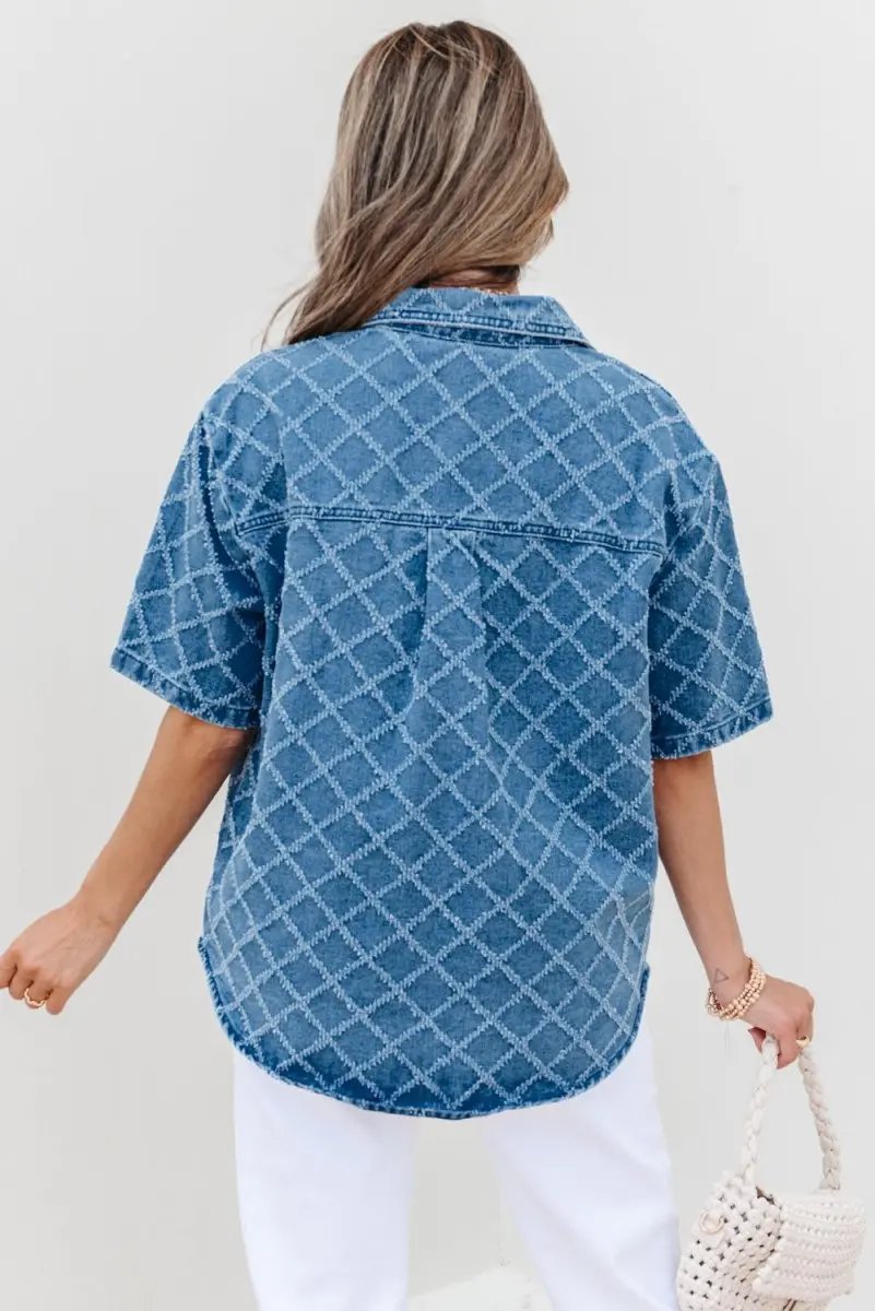 Dusk Blue Checkered Textured Short Sleeve Denim Shirt - Love Salve 