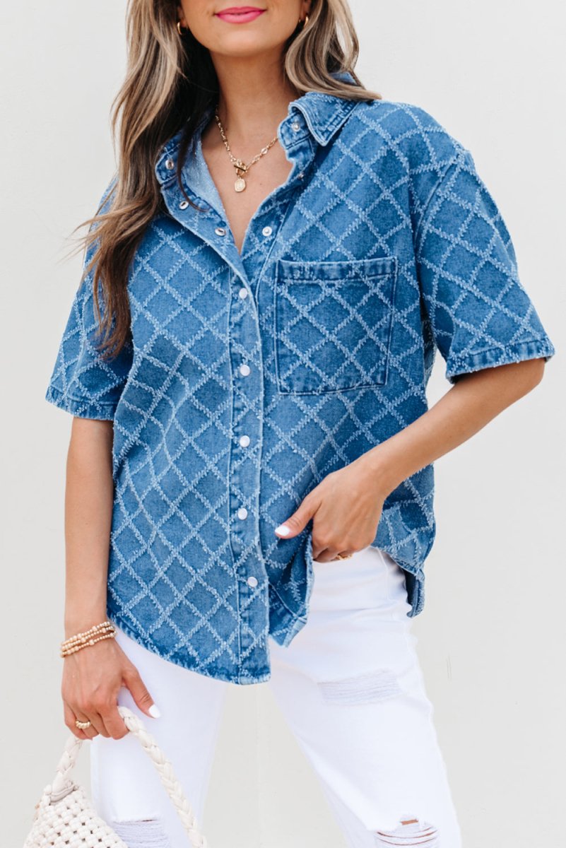 Dusk Blue Checkered Textured Short Sleeve Denim Shirt - Love Salve 