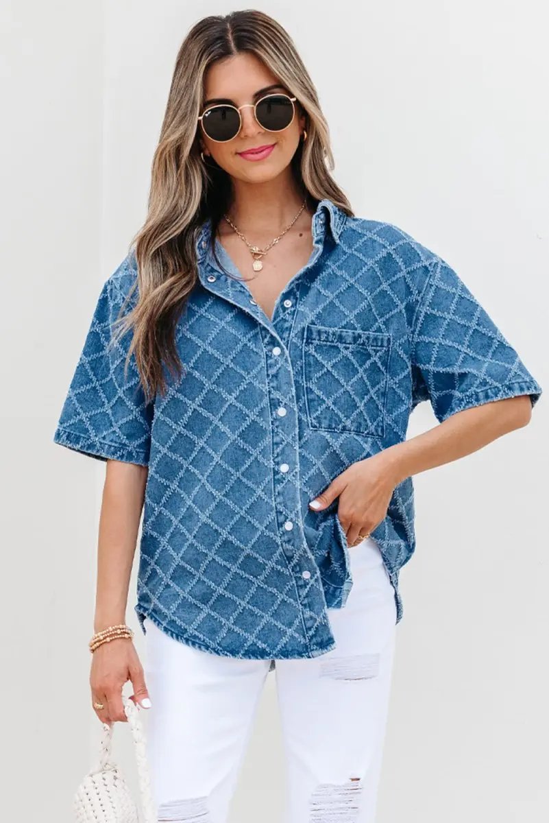 Dusk Blue Checkered Textured Short Sleeve Denim Shirt - Love Salve 