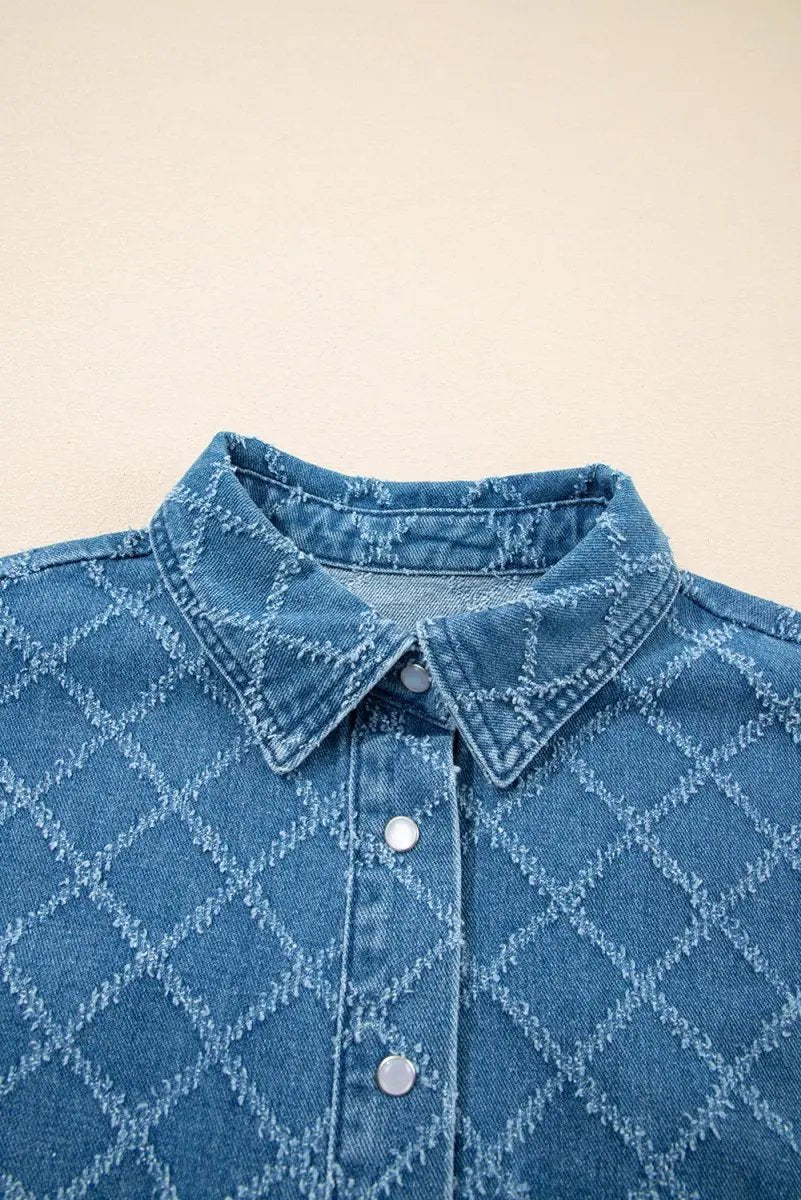 Dusk Blue Checkered Textured Short Sleeve Denim Shirt - Love Salve 