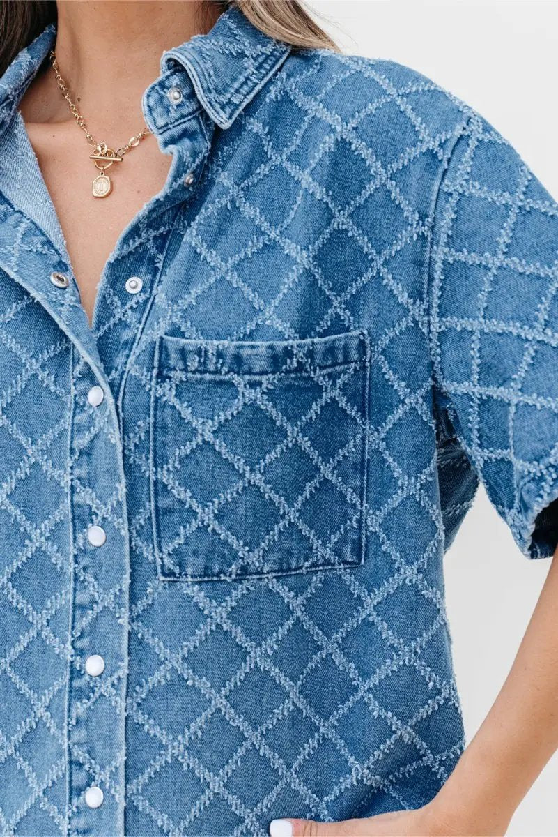 Dusk Blue Checkered Textured Short Sleeve Denim Shirt - Love Salve 
