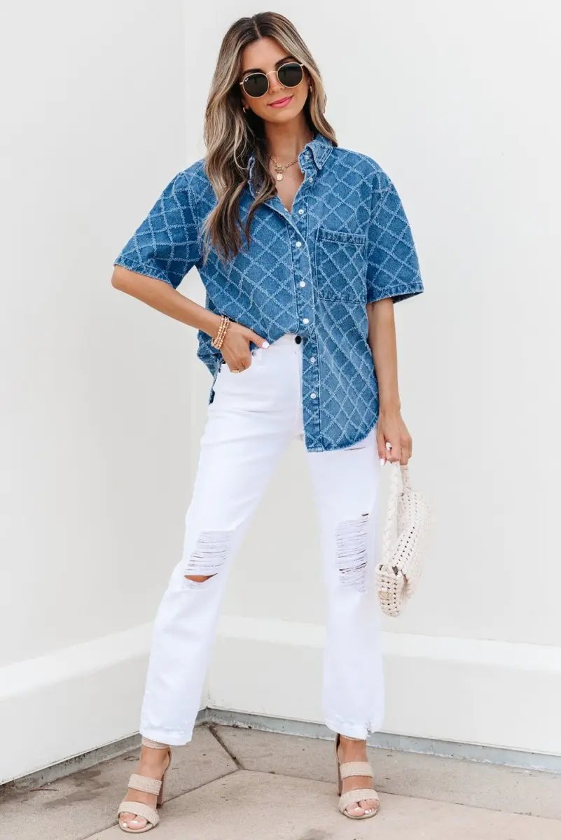 Dusk Blue Checkered Textured Short Sleeve Denim Shirt - Love Salve 