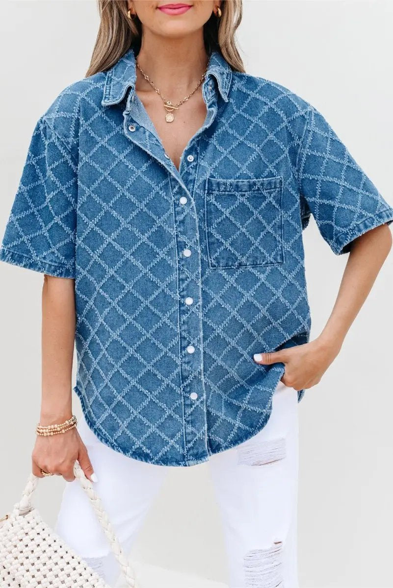 Dusk Blue Checkered Textured Short Sleeve Denim Shirt - Love Salve 