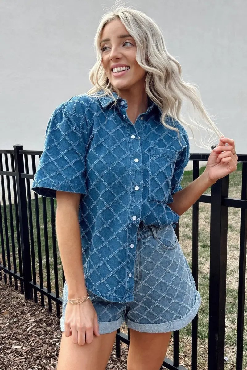 Dusk Blue Checkered Textured Short Sleeve Denim Shirt - Love Salve 
