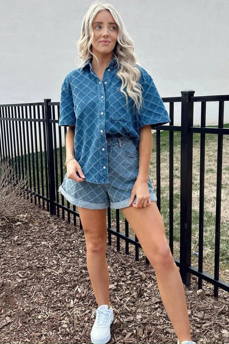 Dusk Blue Checkered Textured Short Sleeve Denim Shirt - Love Salve 