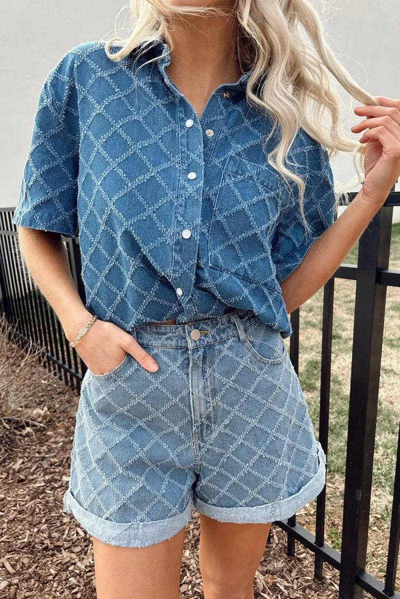 Dusk Blue Checkered Textured Short Sleeve Denim Shirt - Love Salve 