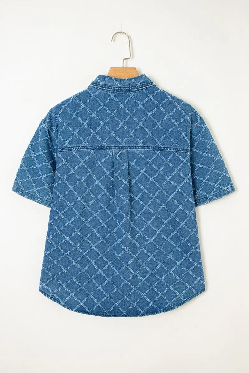 Dusk Blue Checkered Textured Short Sleeve Denim Shirt - Love Salve 
