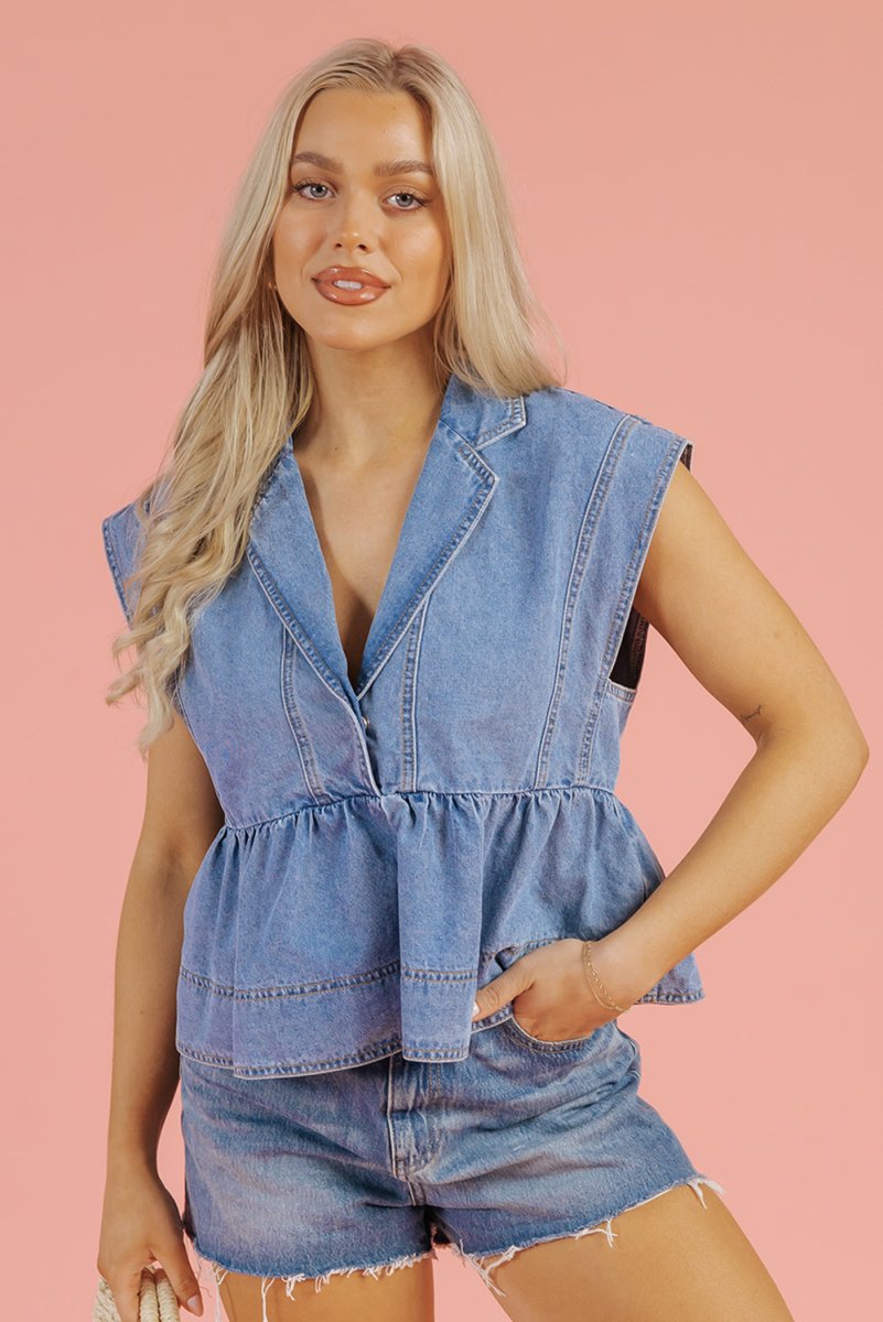 Dusk Blue Lapel Denim Babydoll Top for Casual Style - Love Salve