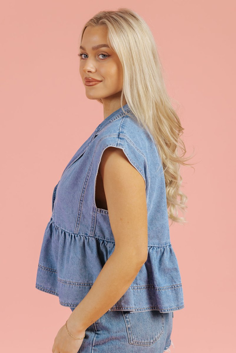 Dusk Blue Lapel Denim Babydoll Top for Casual Style - Love Salve
